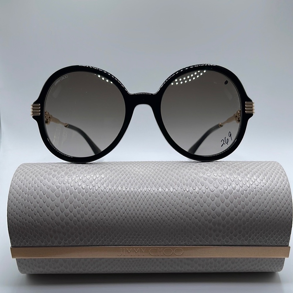 NWOT! Jimmy Choo oversized women’s sunglasses. Round black frames with gold arms